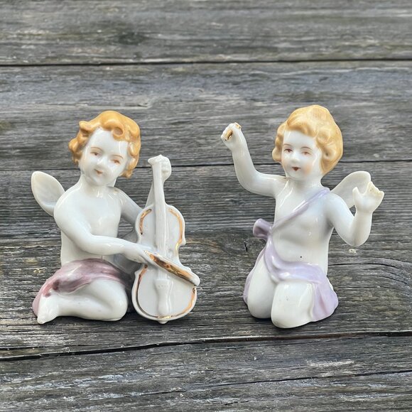 Vintage Cherubs Angel Band Porcelain Figurines Japan Violin & Conductor - Picture 1 of 14